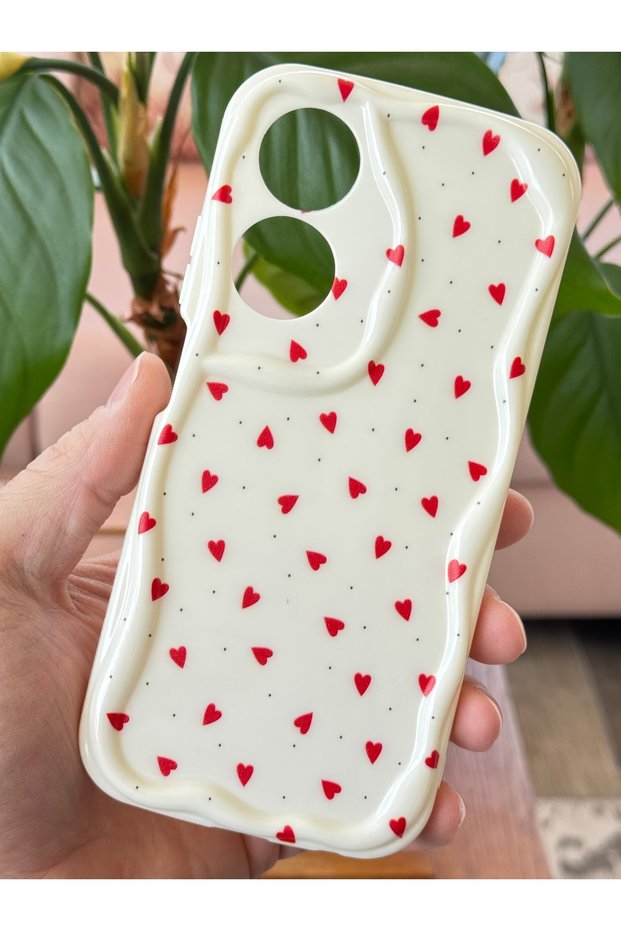 Oppo A60 Case Camera Protected Wave Edge Red Heart Pattern Silicone Cover