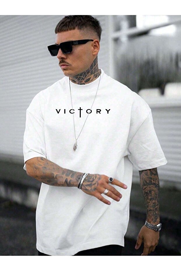 Victory Printed Single Jersey White T-Shirt - Oversize Crew Neck T-Shirt