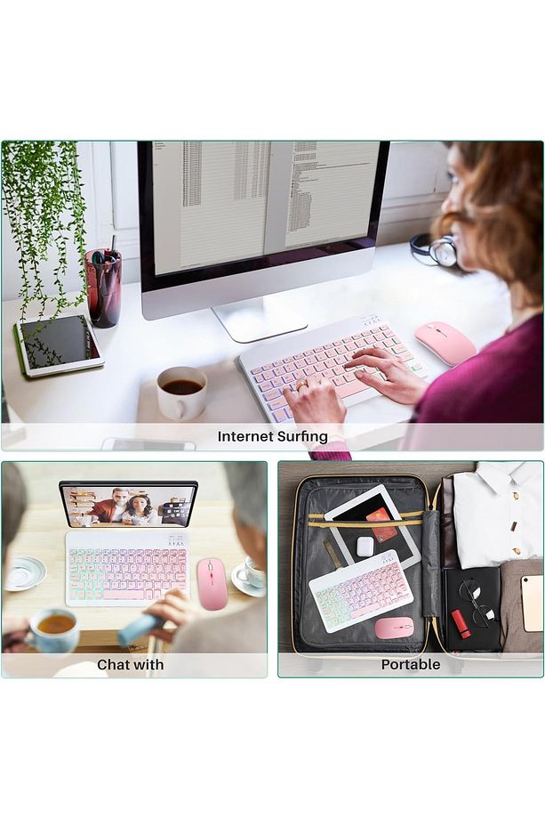 Ipad 9. 8. 7. Nesil 10.2" 2021 Uyumlu Aydınlatmalı Işıklı Kablosuz Bluetooth Klavye+mouse rgb-set - 4