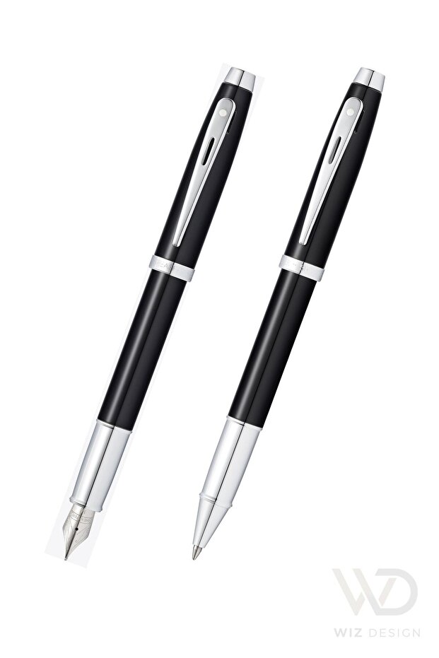 Wizdesign 100 Series Fountain Pen + Roller Pen Glossy Black Chrome Set with Special Gift Box