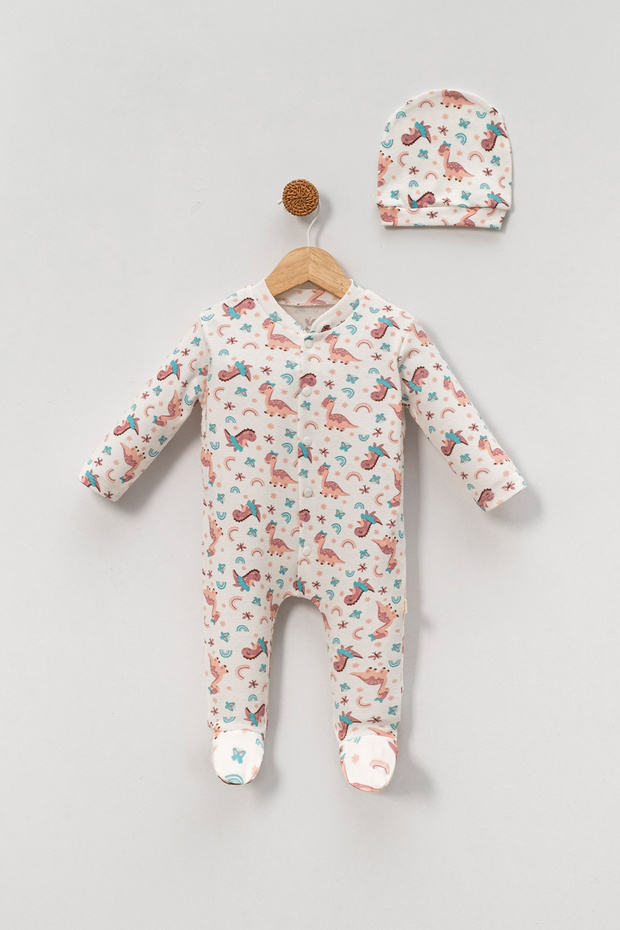 Organic Mini Pink Dino Printed Sleeping Bag with Hat for Baby Girl and Baby Boy 2 Pieces 0-3 Months 100% Cotton