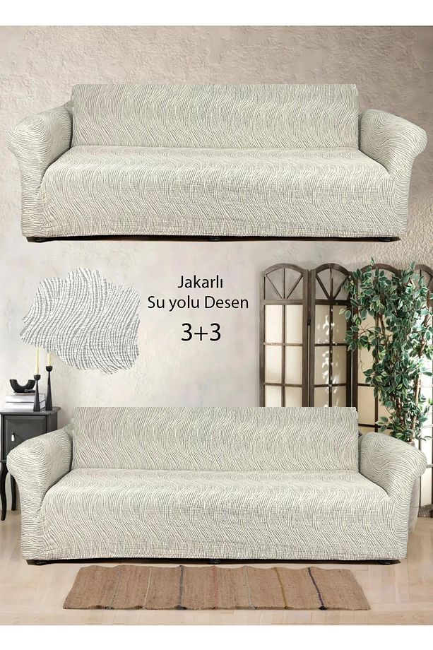 Su yolu Desenli Jakarlı Koltuk Örtüsü 3+3 Lastikli Koltuk Kanepe Çekyat Takımı - 1