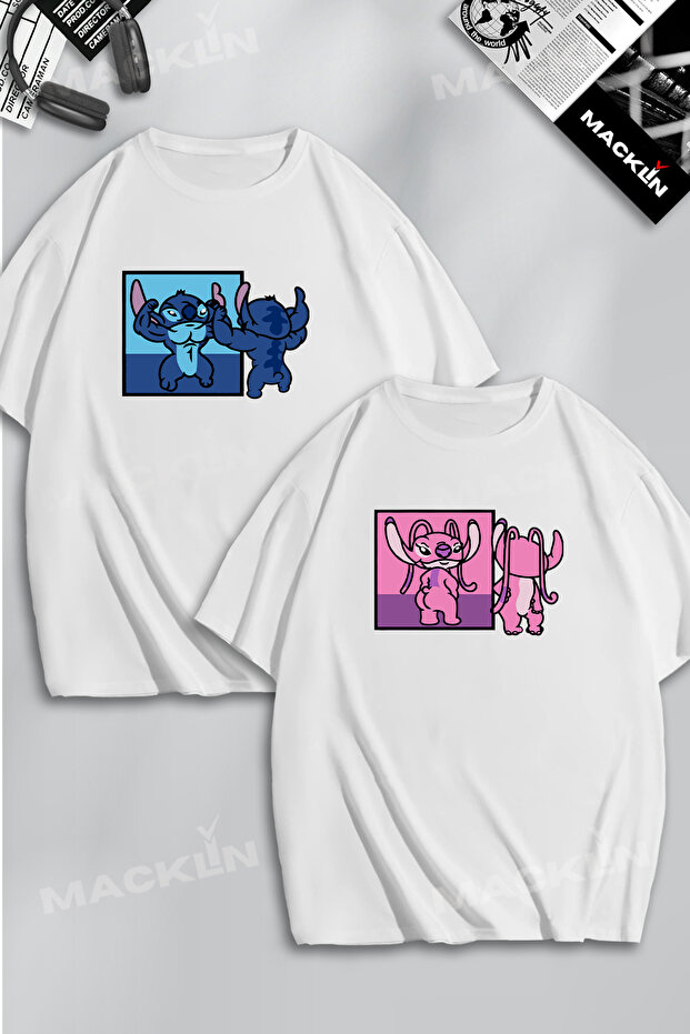 Unisex Women Men Angel and Stitch Gym Printed Lover Couple Combination Design Oversize Tshirt 2 Pack