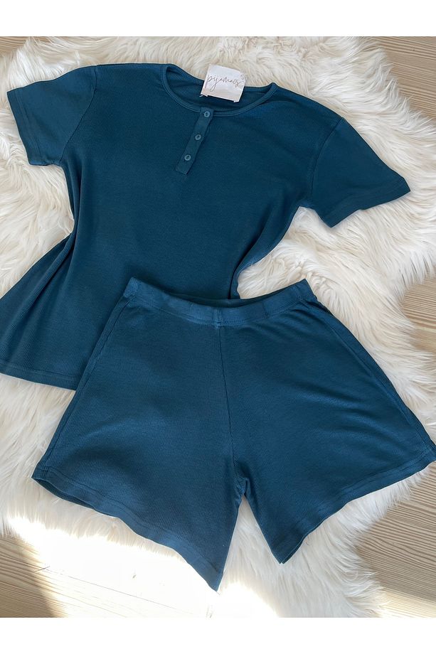 Petrol Mavisi Düğme Detaylı Şortlu Pijama Takımı - 6