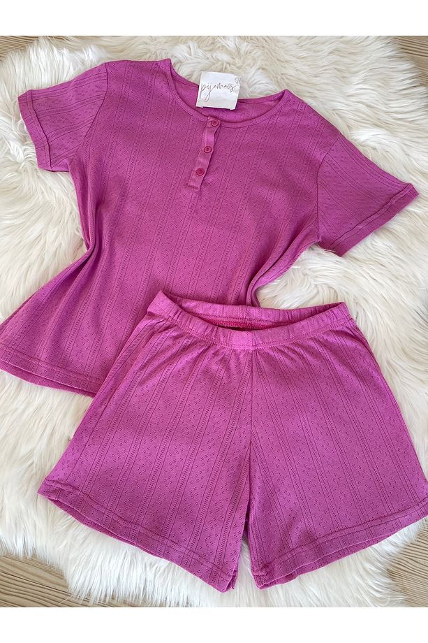 Pembe Düğme Detaylı Şortlu Pijama Takımı - 8