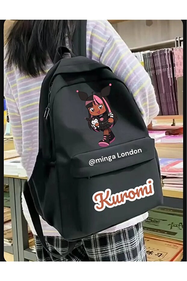 حقيبة ظهر مدرسية مطبوعة مزدوجة للفتيات من Kuromi باللون الأسود، وغرفة الدراسة، وحقيبة ظهر للدورة