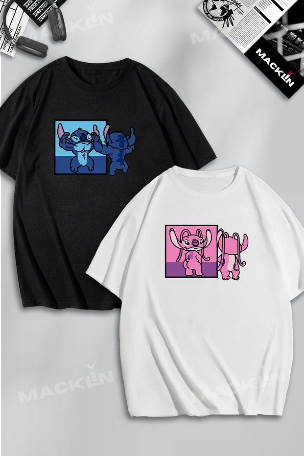 Unisex Women Men Angel and Stitch Gym Printed Lover Couple Combination Design Oversize Tshirt 2 Pack