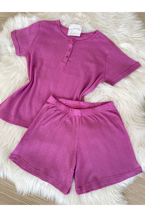 Pembe Düğme Detaylı Şortlu Pijama Takımı - 4