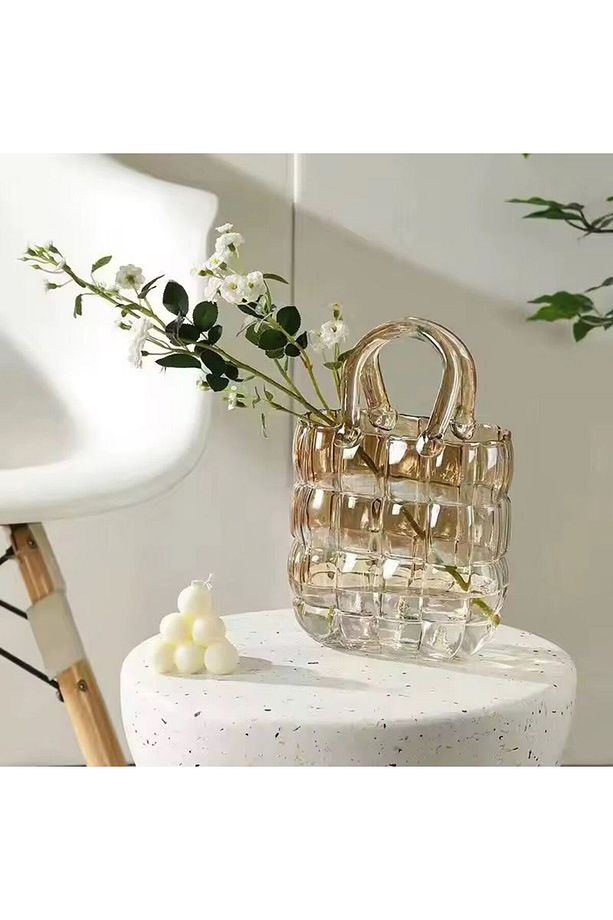 LÜKS ÇANTA MODEL VAZO DEKOR GOLD 22 CM (2 ADET YAPAY GÜL HEDİYELİ) - 3
