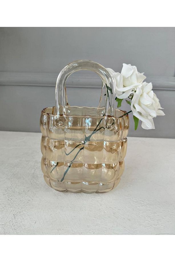 LÜKS ÇANTA MODEL VAZO DEKOR GOLD 22 CM (2 ADET YAPAY GÜL HEDİYELİ) - 1