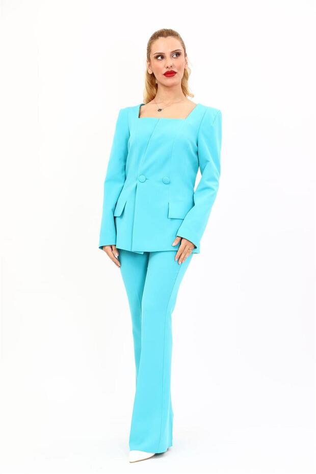 Square Collar Jacket & Flared Trousers-Turquoise - 1075530