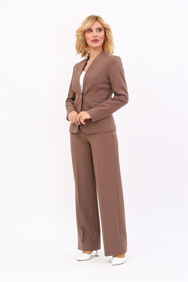 Single Button Classic Jacket & Wide Leg Trousers - Brown - 1044520