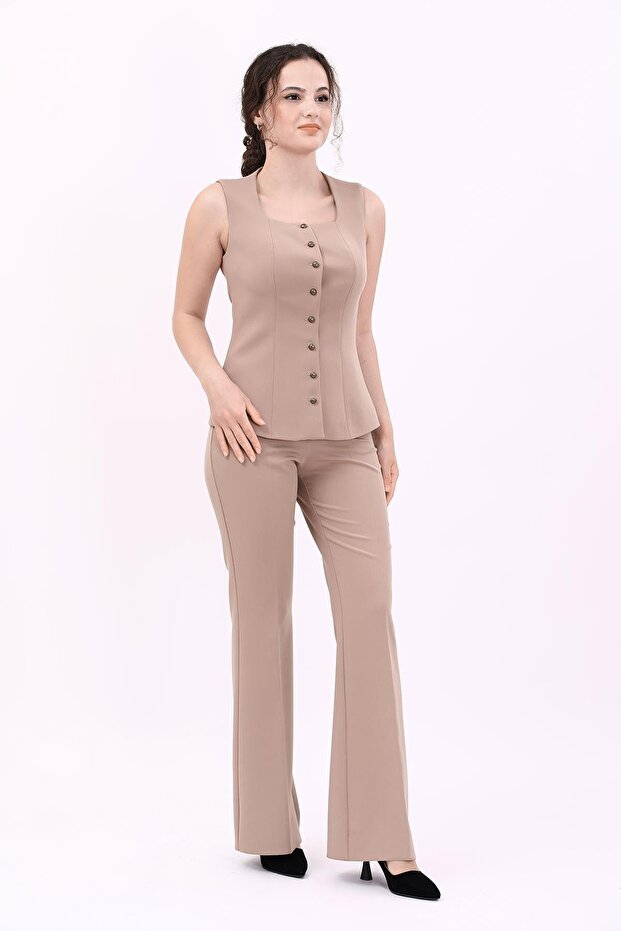 Kare Yaka Kuplu Yelek & İspanyol Paça Pantolon-Taş - 3