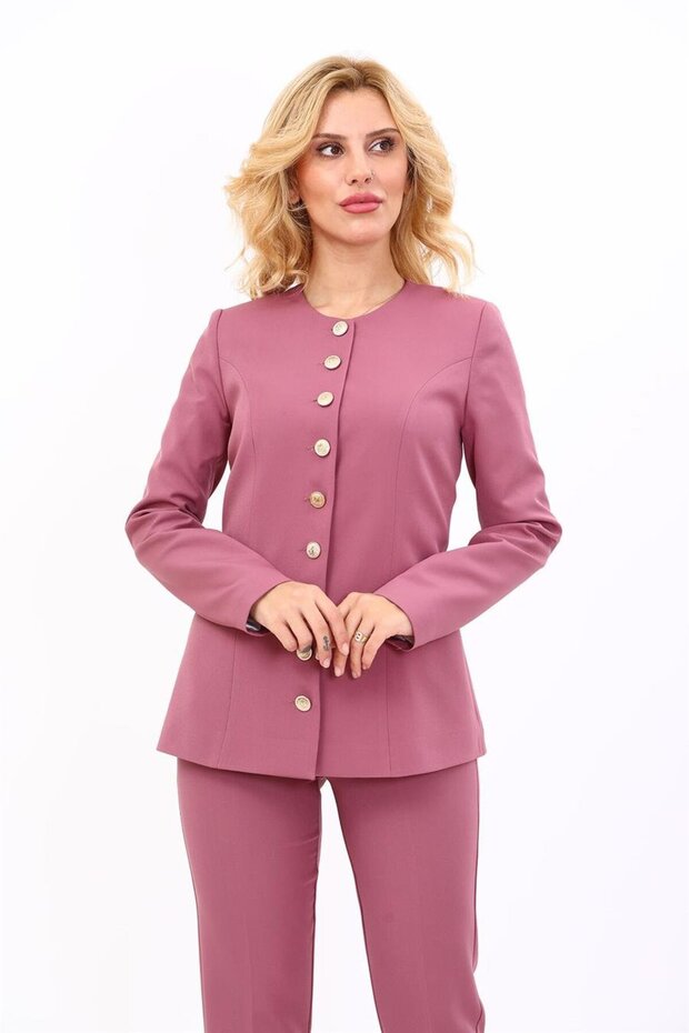 Zero Collar Buttoned Jacket-Rose - 1064100