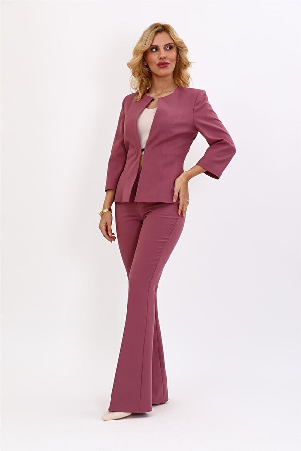 Zero Collar Plain Short Jacket & Spanish Flare Trousers-Rose - 1015530