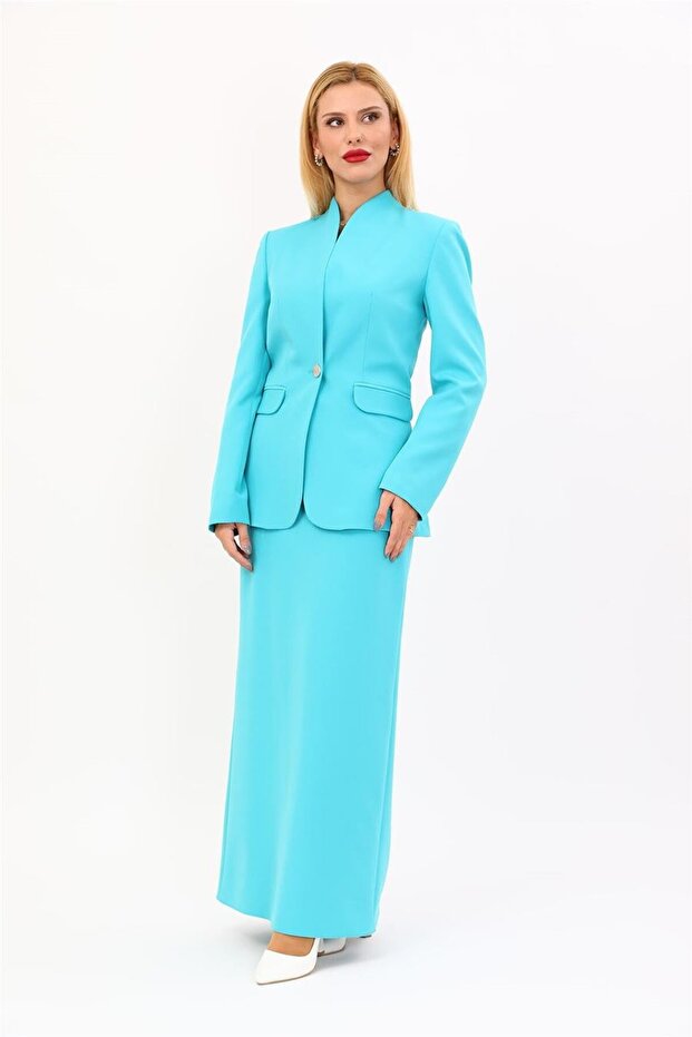 Self-Standing Collar Jacket & Long Straight Tight Skirt-Turquoise - 1072553