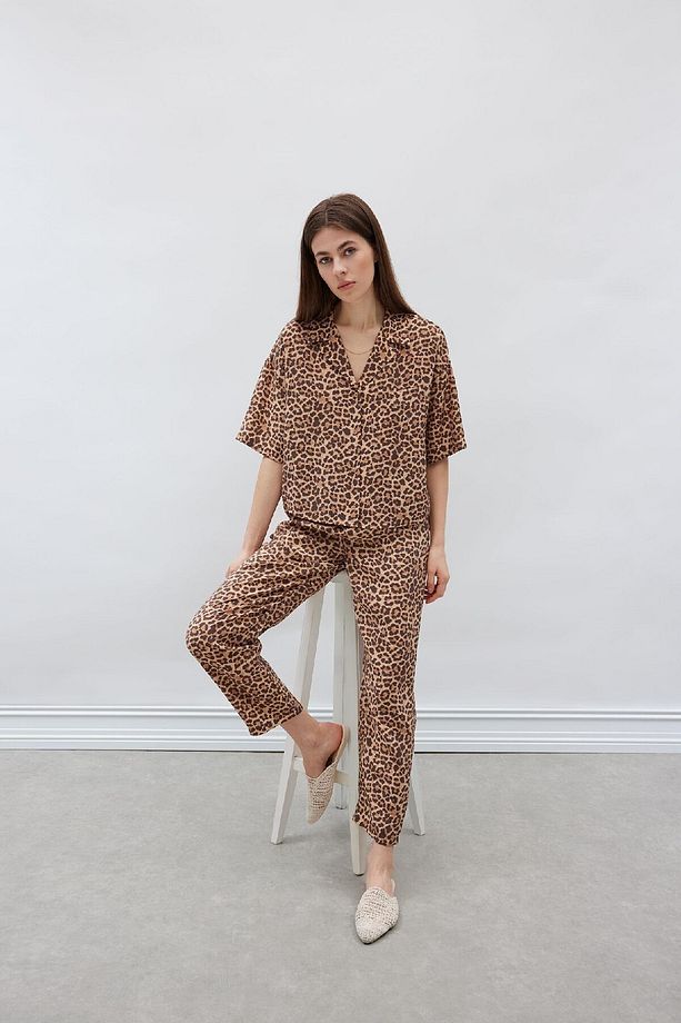 Carrot Fit Leopar Desenli Modal Kumaş Pantolon Çift Cepli Yüksek Bel Düz Paça E6360AX25SP - 3