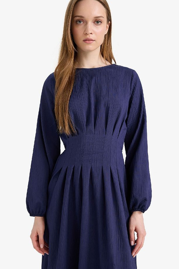 Regular Fit Bisiklet Yaka Uzun Kollu Maxi Elbise F2728AX25SP - 4