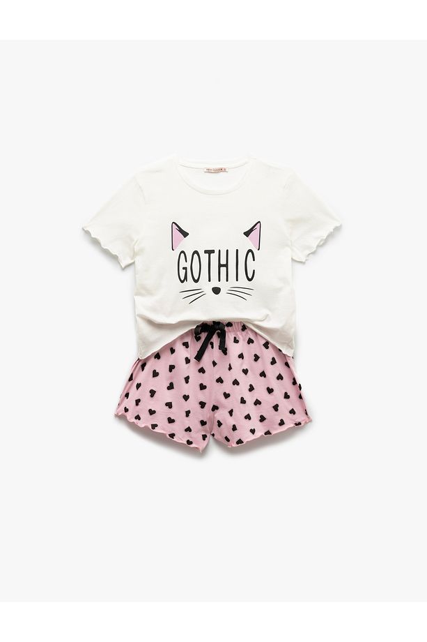 Pamuklu Kısa Kollu Kedi Temalı Kalp Baskılı Şort Pijama Takımı - 3