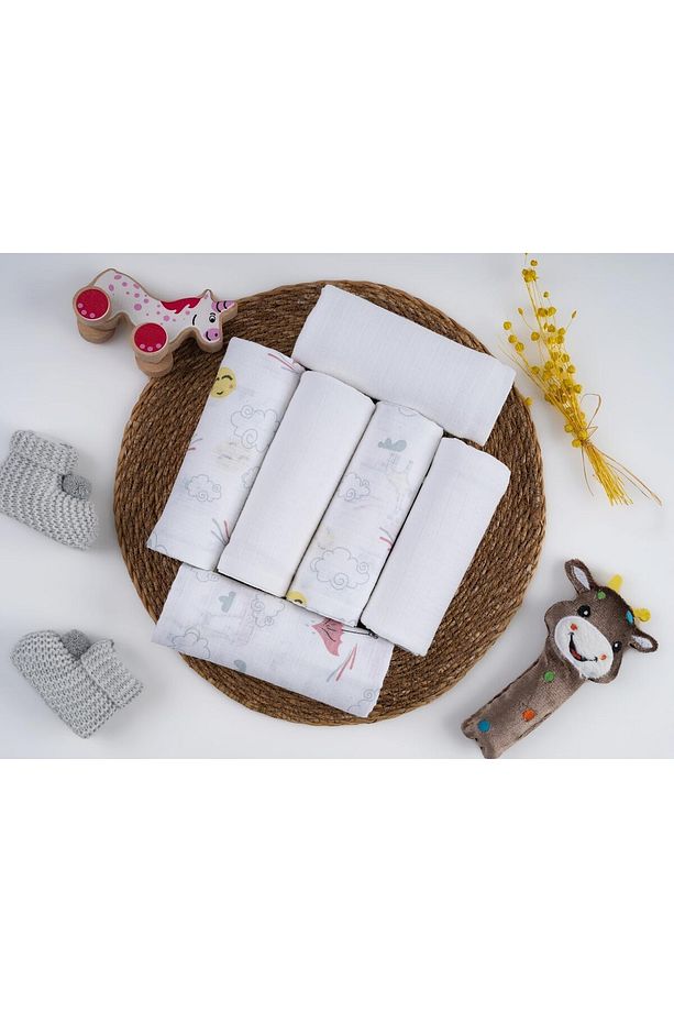 Müslin Örtü 3'lü Set Desenli %100 Organik Pamuk,Emzirme,Kundak,Puset Örtüsü Yumuşak - 5