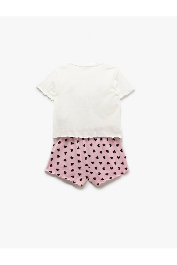 Pamuklu Kısa Kollu Kedi Temalı Kalp Baskılı Şort Pijama Takımı - 4