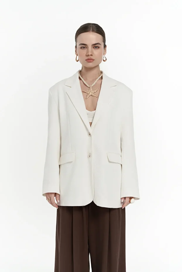 Symi Geniş Kesim Basic Ekru Blazer - 2