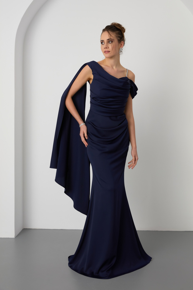 Women's Navy Blue One Shoulder Stone Strap Long Satin Evening Dress