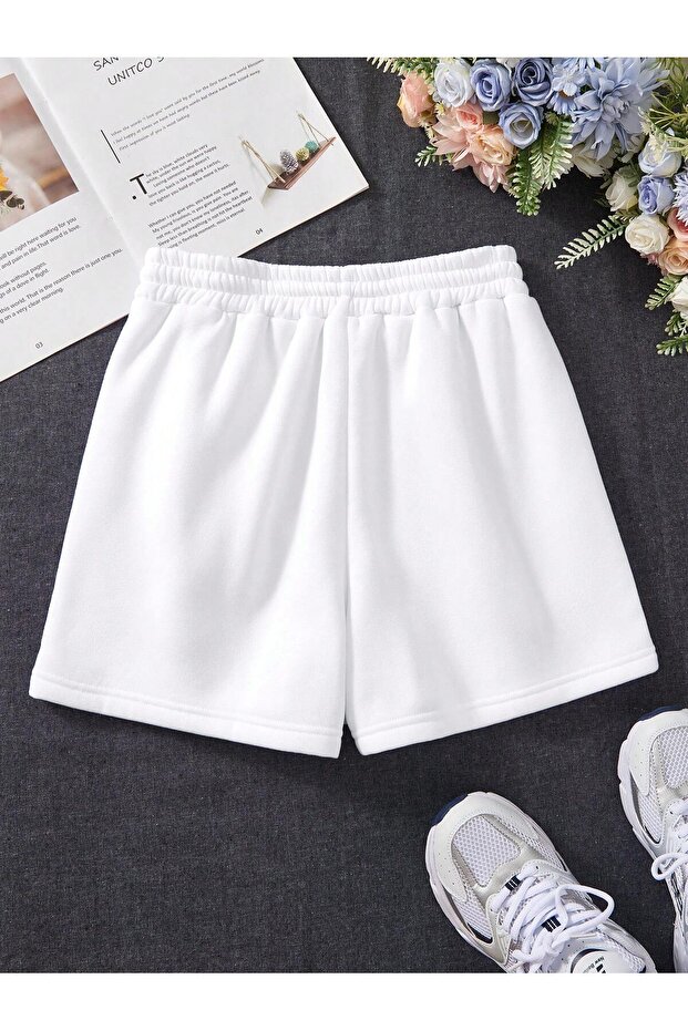 Beyaz Basic Penye Kısa Şort - Yüksek Bel Örme Cepli Kadın - 3
