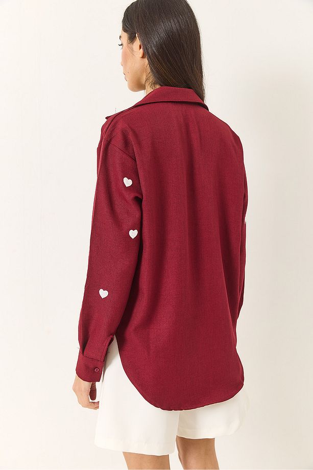 Kadın Nakış Kalp İşlemeli Oversize Gömlek 60251090 - 7