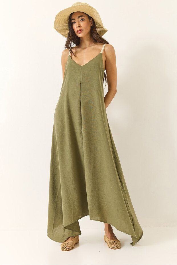 Women's Khaki Knitted Straps Asymmetrical Skirt Loose Linen Dress 5937 60281018