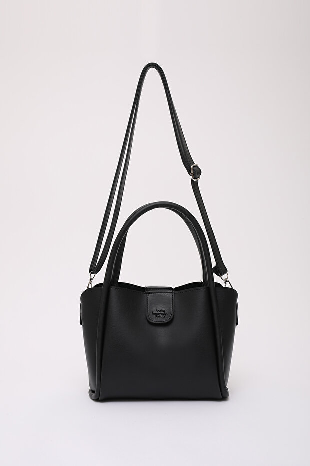 Black Shk190 Faux Leather Snap Closure Hand, Arm and Shoulder Bag with Removable Makeup Bag