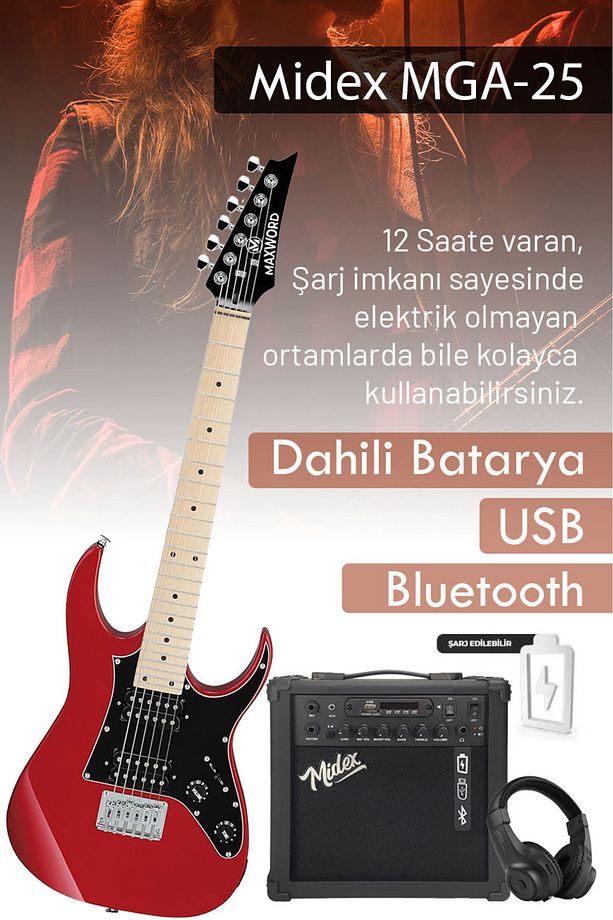 De-150rd-25amp Maple Klavye Hh Yüksek Kaliteli 25w Amfili Elektro Gitar Seti - 3
