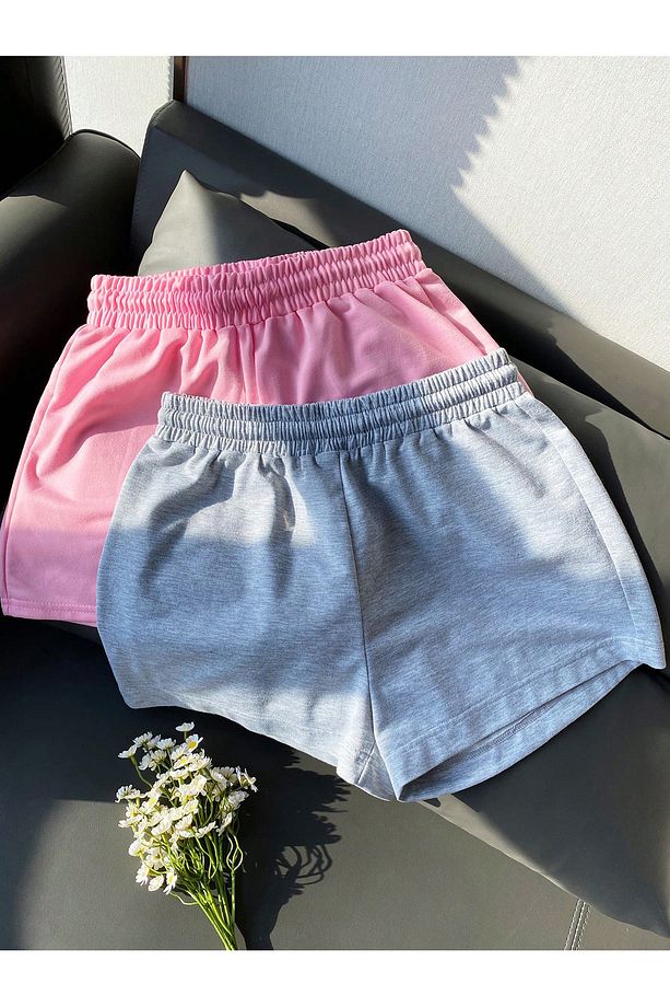 2'Li Pembe Gri Basic Penye Kısa Şort - Yüksek Bel Örme Cepli Kadın - 2