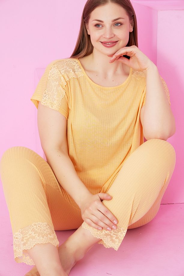 sarı Soft Touch İnce Mevsimlik Battal Büyük Beden Dantel Detaylı Örme Pijama Takım7867 - 1
