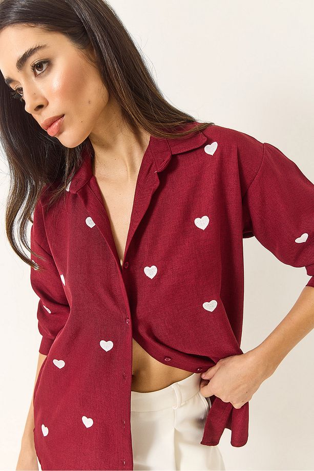 Kadın Nakış Kalp İşlemeli Oversize Gömlek 60251090 - 5