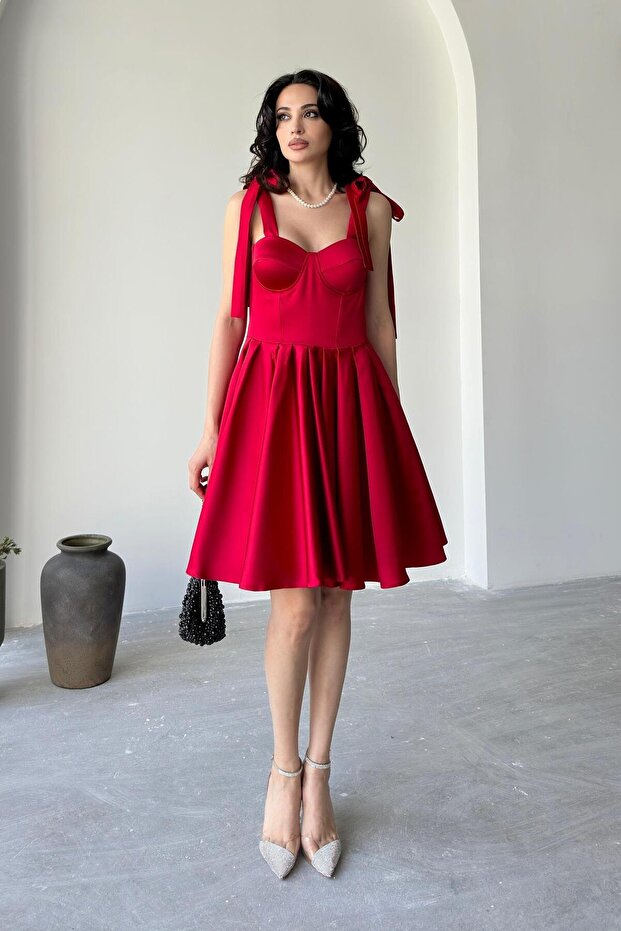 Red Bustier Detailed Strappy Satin Evening Dress