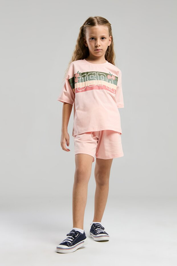 Us Polo Assn. Girl's Floral Printed Light Pink Shorts Set