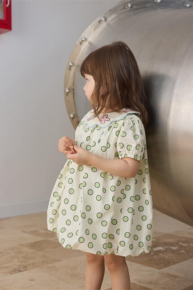 Yeşil Yaka Nakışlı Balon Elbise - 7