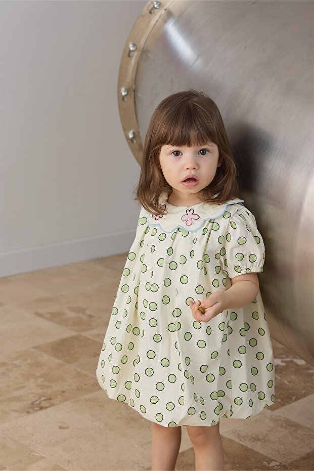 Yeşil Yaka Nakışlı Balon Elbise - 6