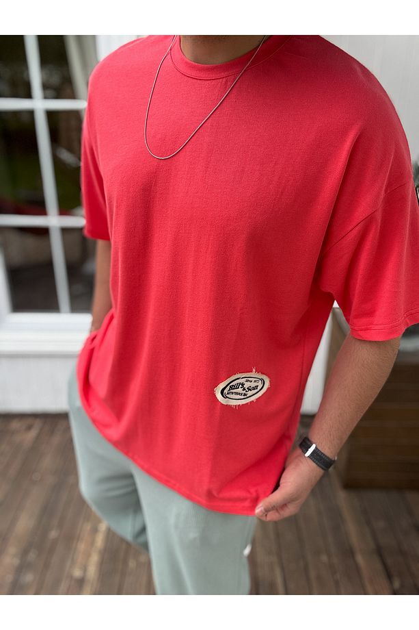 Nar Çiçeği Hasır Patchli Oversize T-Shirt JJ-11 - 4