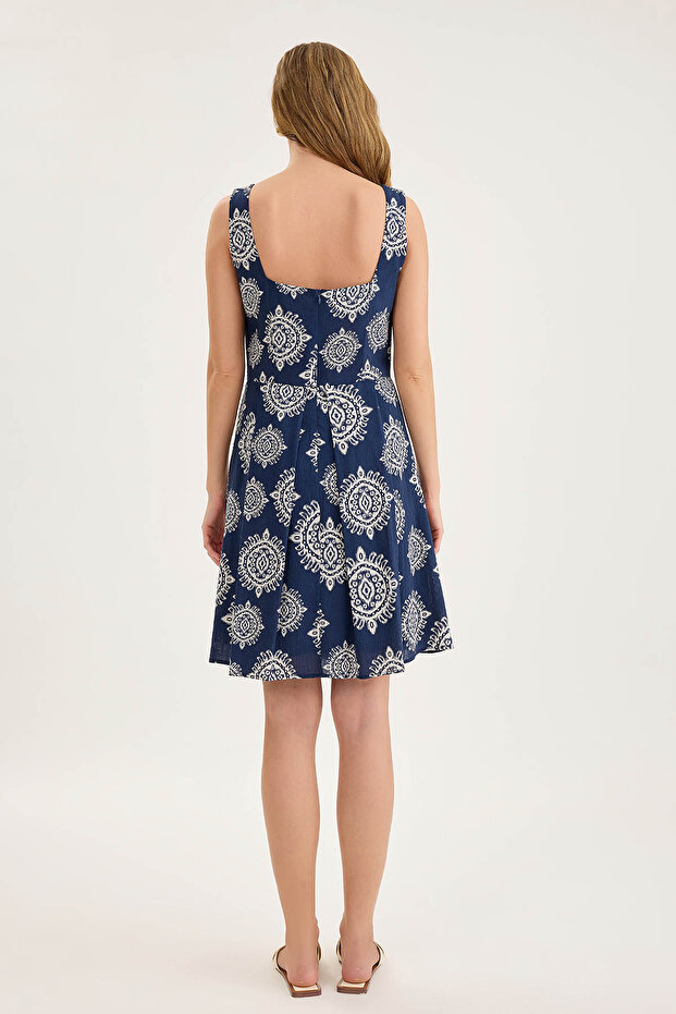 Thick Strap Patterned Pleated Mini Dress - 4