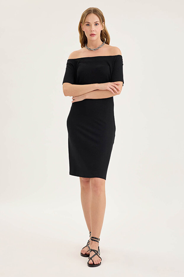 Kayık Yaka Mini Elbise - 1