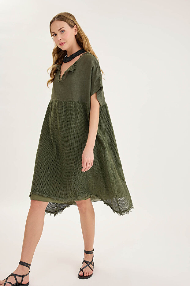 Kısa Kol Etek Kısmı Fileli Keten Elbise - 6