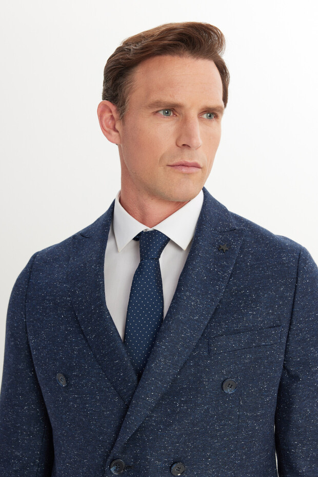 Erkek Lacivert Slim Fit Dar Kesim Kırlangıç Yaka Desenli Takım Elbise - 5