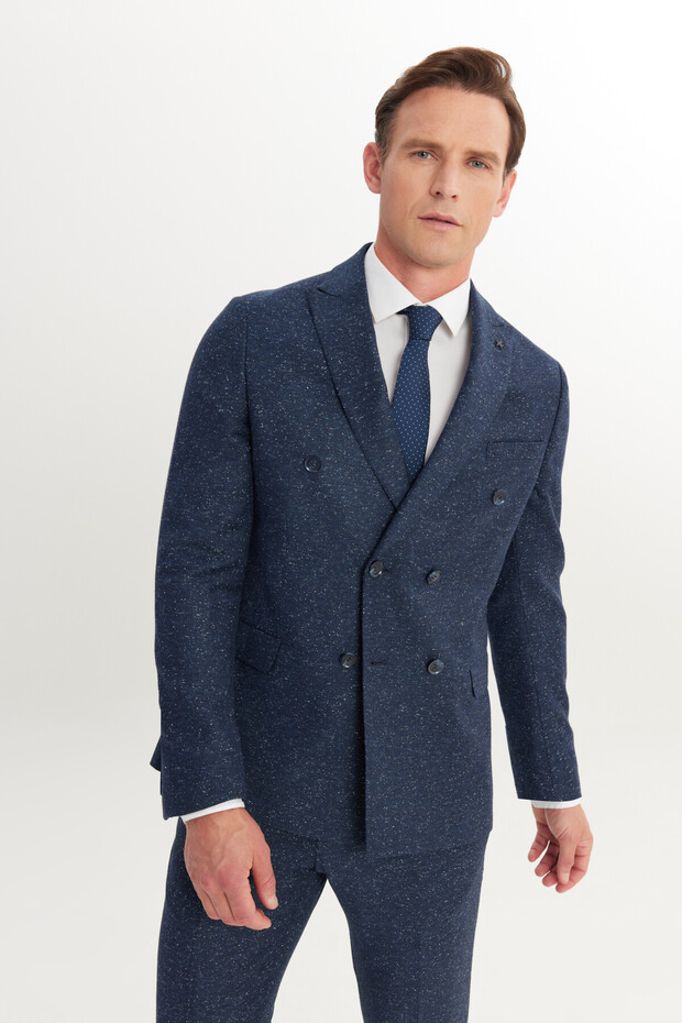 Erkek Lacivert Slim Fit Dar Kesim Kırlangıç Yaka Desenli Takım Elbise - 1