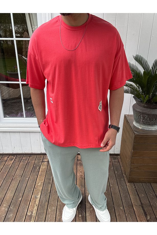 Nar Çiçeği Hasır Patchli Oversize T-Shirt JJ-11 - 2