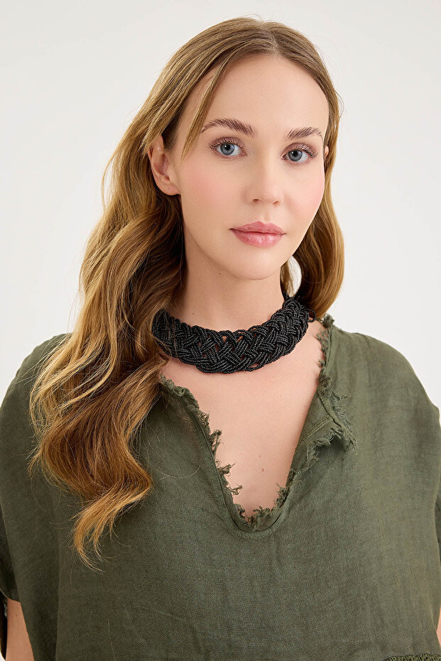 Kısa Kol Etek Kısmı Fileli Keten Elbise - 8