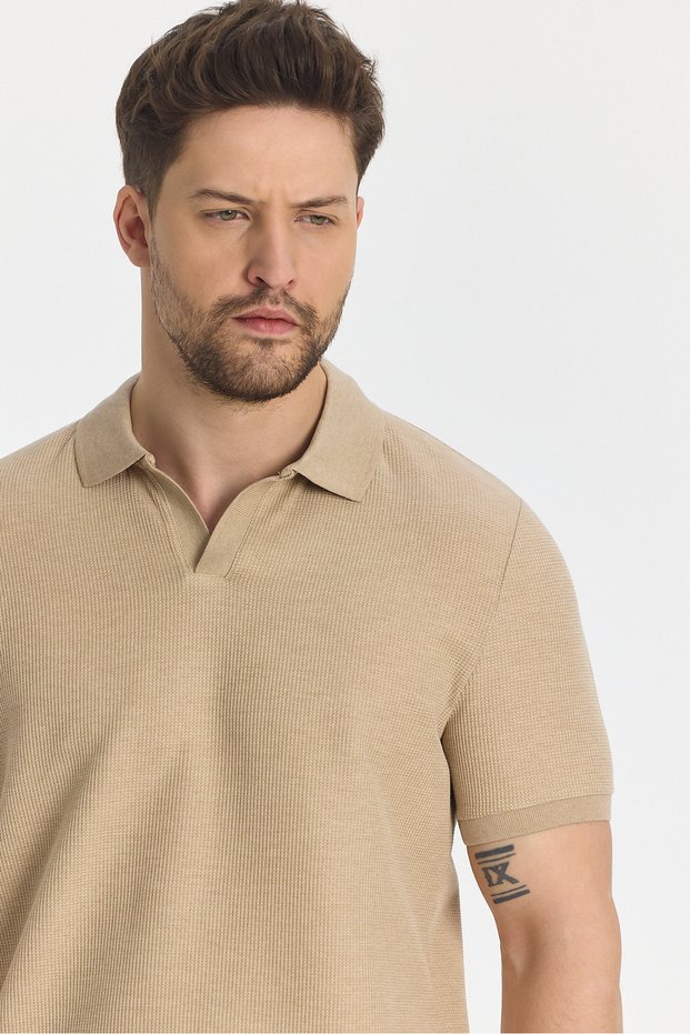Nikol Men's Camel Lycra Cotton Blended Stretching Fabric Sports Lapel Slim Fit Polo Neck T-Shirt
