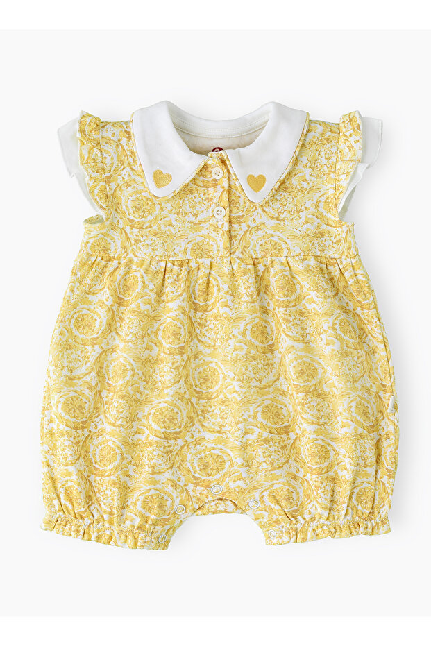 Girls' Sleeveless Printed Romper with Heart Collar Detail