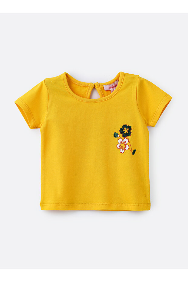 Girls' Yellow Floral Embroidered Cotton T Shirt